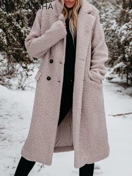 Дълго палто, женски топло монофонични топ с дълги ръкави, стегната елегантен дамски дрехи, зимни модни и ежедневни връхни дрехи, Плюшен нова яке