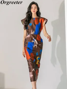Елегантна лятна рокля с летящими ръкави за офис Дама, Модерно дебнещ рокля със средна дължина, с абстрактно цветен принтом под формата на блок