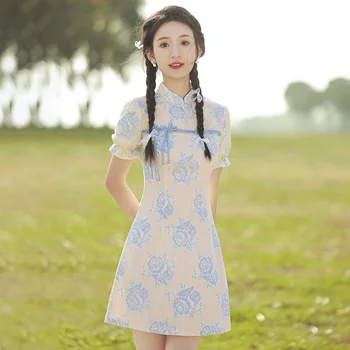 Елегантна рокля Чонсамс в китайски стил, на Традиционното лятно дамско винтажное рокля Ципао с флорални принтом, сладък дамски официални мини рокли
