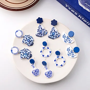 Елегантни обеци от синьо-бели порцеланови фрагменти в китайски стил, Ретро Акрилни геометрични обеци за жени