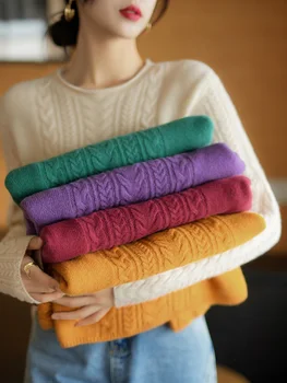 Есенно-зимния Женски Пуловер от 100% мериносова вълна, Пуловер с кръгло деколте и дълги ръкави, Кашмир Вязаная облекло, Елегантни блузи