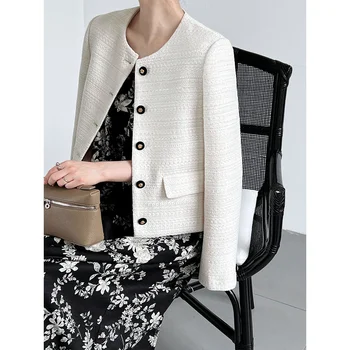 Жена туид сако с копчета с цветен модел, Блейзър, Бяло, Черно Елегантно палто за есен-зима