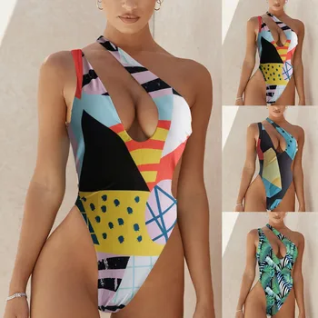 Женски Секси бански костюм-бикини без ръкави с разноцветни принтом с едно рамо