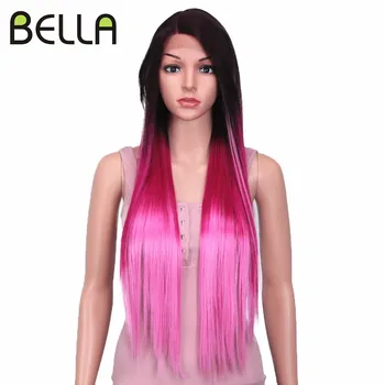Завързана перука Bella, Синтетичен Права Перука с дължина 30 инча, Розово Огнеупорни Омбре, Розова Страничната част, Дантела Перуки с директни коса За жени