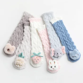 Зимни Чорапи за деца на възраст 0-4 години, Дебели коралови кадифени чорапи с дължина до средата на прасците, Чорапи за новородено, Топли Чорапи с модел от картун за Новородени