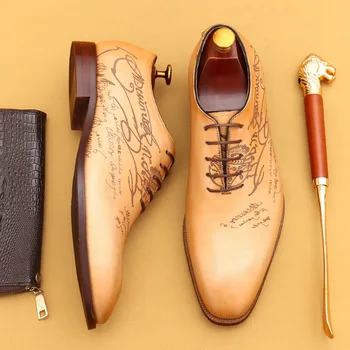 Италиански Мъжки Модел обувки Луксозни От естествена кожа, Ръчна изработка, Качествени, Модерни Дизайнерски Черните Сватбени Обувки в стил ретро, Бизнес Обувки За Мъже