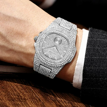 Кварцов часовник PINTIME Мъжки Часовници с Пълна диамантен пръстен в стил Хип-Хоп от Розово Злато, Сребро, Часовници, Мъжки часовници, zegarek meski montre