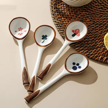 Керамични суповая лъжица, Керамична лъжица, Лъжица с дълга дръжка, Домашни и Кухненски прибори и интериор в японски стил, скъпа креативна лъжичка ориз