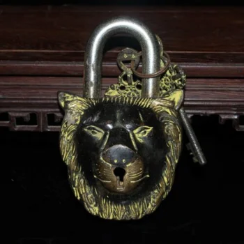 Китайски Месинг заключване 5,6 Инча, Скулптура на Лъв, Стар Бронзов Ключ за заключване на животни