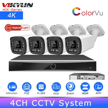 Комплекти за Видеонаблюдение Vikylin 4K 4CH PoE AcuSense HIK NVR DS-7604NXI-K1/4P 8MP Colorvu IPC Система от камери за видеонаблюдение HIK-Connect Remote