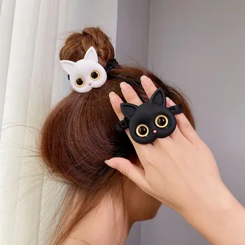 Корейски нови Гумички за момичета, Сладки, Силиконови гумички за котки, Дамски машина за подстригване на коса, Еластична лента за коса, Сатен, нокът за коса
