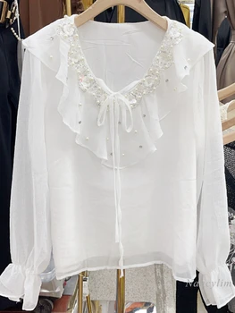 Корейски стил, началото на есента, Мъниста, Кристали, Шифоновая тениска с V-образно деколте Дамски универсална бяла блуза с дълъг расклешенным ръкав, топ