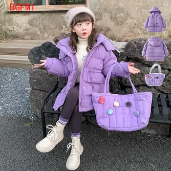 Корейското детско палто с качулка, зимно яке за момичета, детски връхни облекла с памучна подплата, Детски колан, чанта за дрехи, подарък за избор