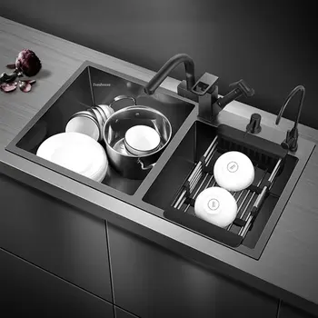 Кухненски мивки от неръждаема стомана, Черен цвят, Нано, Мултифункционален мивка, Двойна мивка, Мивка за измиване на ръчно изработени Аксесоари за дома за готвене