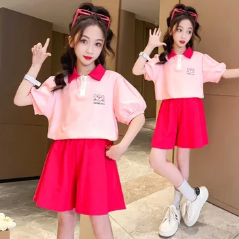 Летен комплект дрехи за момичета с къс ръкав + шорти, 2 броя, всекидневен костюм в корейски стил колеж, бебешки дрехи за юноши от 4 до 16 години
