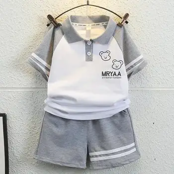 Летен костюм за момчета 2023 г., Нова детска риза поло с къс ръкав, Комплект от две части, Дрехи за деца на възраст от 2 до 15 години, Модерен спортно облекло