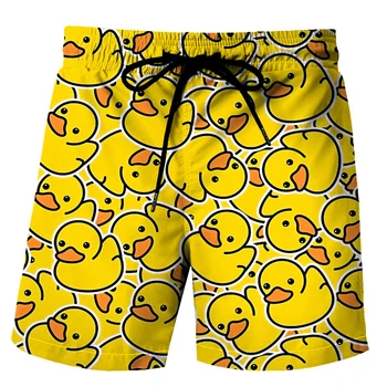 Летни мъжки къси панталони, бързо съхнещи шорти за плуване, ежедневни, плажни панталони големи размери, Мъжки дрехи, Сладки животни, Патица, 3D принт Жълт цвят