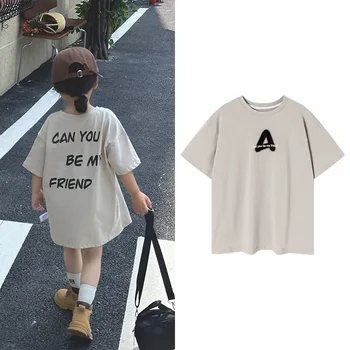 Летни памучни тениски за момичета, Къси блузи, Корея, детски дрехи с писмото принтом, детски тениски с кръгло деколте в японски стил, дрехи за деца