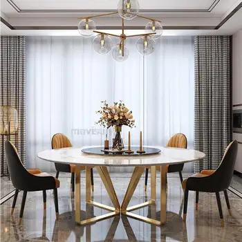 Луксозна маса за хранене за малък апартамент в италиански стил, модерен метални маса и стол с ярка повърхност, Мраморни мебели Esstisch