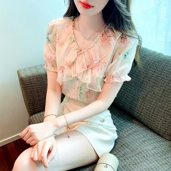 Лятна Корея новост, V-образно деколте, Скъпа шифоновая блуза с цветен модел, Дамски ежедневни модерна риза
