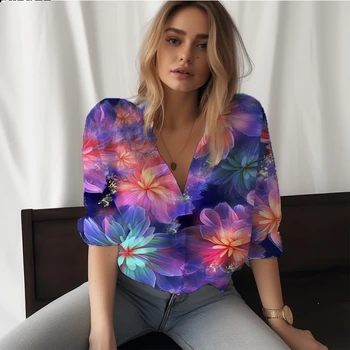 Лятна нова дамска риза с цветни флорални 3D принтом, женска риза в разговорния стил, на женската риза, модна тенденция, благородна женска риза