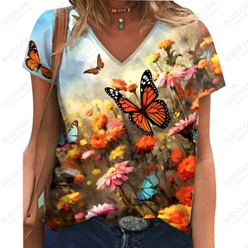 Лятна нова женска тениска с V-образно деколте, 3D принтом пеперуда и цвете, женствена тениска с V-образно деколте, ежедневни модна тенденция тениска с V-образно деколте