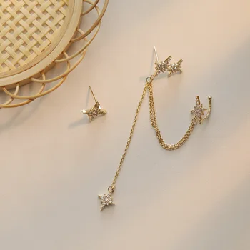 Модни Корейски осмоъгълен обеци с пискюли в формата на звезда, за жени, ушни маншет, на Хладно златар верига, Реколта кристални обеци, подарък за рожден Ден