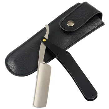Мъжка самобръсначка за фризьорски бръснене от неръждаема стомана, защитен нож за косене на лицето и брадата, ръчно бръснач в сгънат вид, с чанта за съхранение