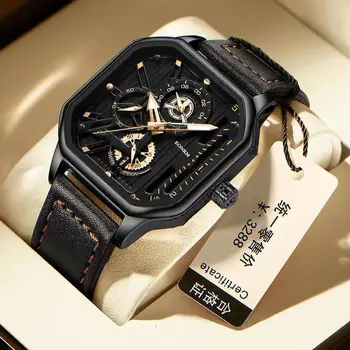 Мъжки Тенденция Квадратни кожени часовници Black Tech Студентски Британски стил 2023 Нови кварцов ръчен часовник Луксозни бижута Подарък на Едро