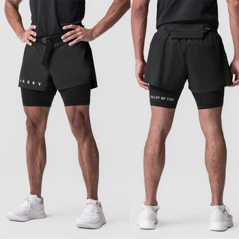 Мъжки шорти за бягане, шорти за тренировки във фитнеса, 2-в-1, дишащи бързо съхнещи двуслойни шорти, Улични плажни панталони