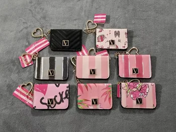 Нов Женски акордеон в розова ивица с множество прорези и джобове, портфейл за монети, портфейл за карти