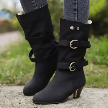 Новата дамска есенно-зимните си обувки до средата на прасците, модни топло дамски обувки с остри пръсти в Ретро стил, Дълги ботуши на висок ток Botas De Mujer