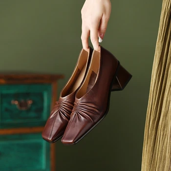 Новата Пролетно Дамски обувки От естествена кожа, Лоферы С Квадратни пръсти на масивна Ток, Обикновен женски обувки-лодка на Висок Ток, Проста дамски Обувки