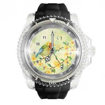 Нови Модни прозрачни силиконови черен часовник с пъстри шарени птици, мъжки и дамски кварцови спортни ръчни часовници