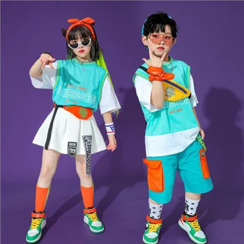 Облекло Костюми Шоу Облекла на мажоретките Детски страхотни костюми за състезателни танци в стил хип-хоп, тениска, къси Панталони, пола за момичетата и момчетата, джаз танци