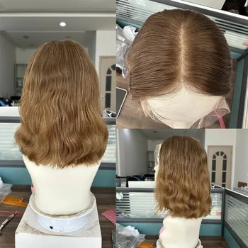 Перуки от човешка коса с вълнообразни връхната точка на Боб за жени, Меден Blond, Кратък перука от естествена коса на съвсем малък, средната част на перуката от естествена коса на съвсем малък