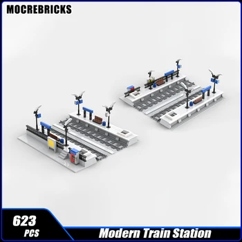 Платформа, жп гара, Модулен блок MOC, Модел за сглобяване на жп пътя, пъзел, Тухлени играчки, подаръци за момчета