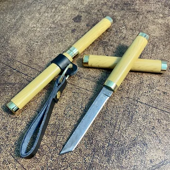 Походный нож от дамасской стомана, преносим мини-нож за плодове на открито, дъбова дръжка, материал на острието дамасская стомана