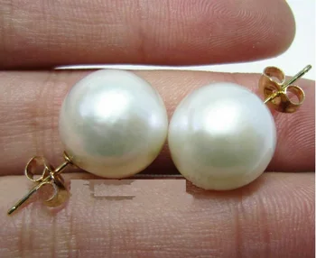 Прекрасни огромни обеци с бели перли на Южнокитайско море 11-12 мм от злато 14 карата