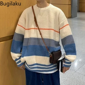 Пуловер Bugilaku с цветен блок, мъжки свободен и мързелив трикотаж, есенно-зимни младежки корейски пуловер с кръгло деколте в корейски стил
