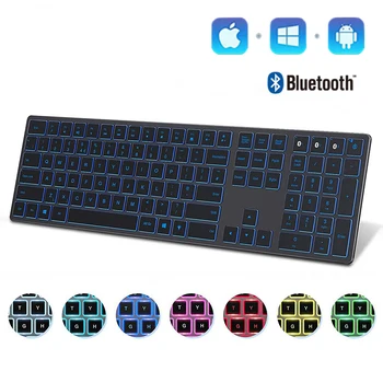 Пълен размер Тънка Акумулаторна Клавиатура Bluetooth 5.1 с Подсветка за няколко Устройства, Безжична Клавиатура за Преносим КОМПЮТЪР