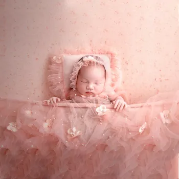 Реквизит за снимки на новородени, Лейси Шапка с перлената обвивка, възглавници, Комплект от три елемента, Бебешки аксесоари, Одеала, помощни аксесоари