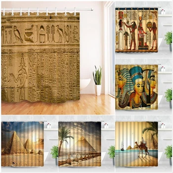 Ретро Египетски Храм, Йероглифи, Завеса за душ, Реколта Пирамида, Камила, Домашна Стенни плат за декори за баня, Завеси за баня