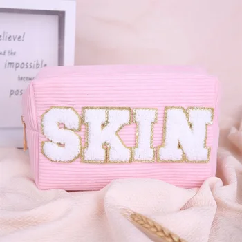 Розова кърпа, бродирани косметичка от изкуствена вельветовой плат с азбука ((цвета на буквите случаен)