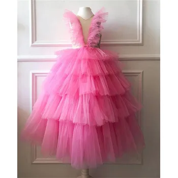 Рокля с цветя модел за момичета, розово, къдри за сватби, детски партита, реални изображения, детска фотосесия, рокля за първо причастие, рокли за рожден ден