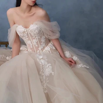 Сватбени рокли големи размери, с отворени рамене, Vestido De Noiva, елегантна атласное бална рокля с аппликацией във формата на русалки дантела