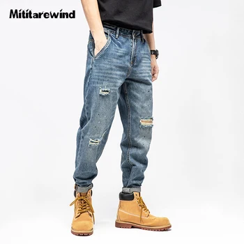 Силно Выстиранные дънкови панталони за Мъже, американски Ежедневни Скъсаните джинси с дупки, Мъжки Свободни Модни Дизайнерски прави дънки Y2k, широки панталони-cargo
