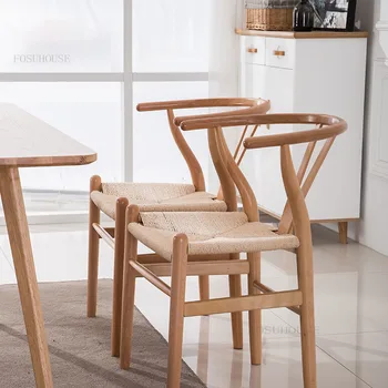Скандинавските трапезни столове от масивно дърво за хранене, мебельное стол, Скандинавски Дизайн Креативен домакински стол с веревочной облегалка