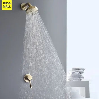 Скрита стенни накрайник за душ от неръждаема стомана, цялата мед, матово златен комплект за душ с топла и студена вода