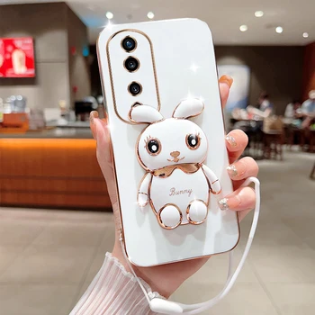 Сладък cartoony заек, сгъваема поставка за Huawei Honor 70 Pro 5G, калъф за телефон с каишка, Луксозно покритие